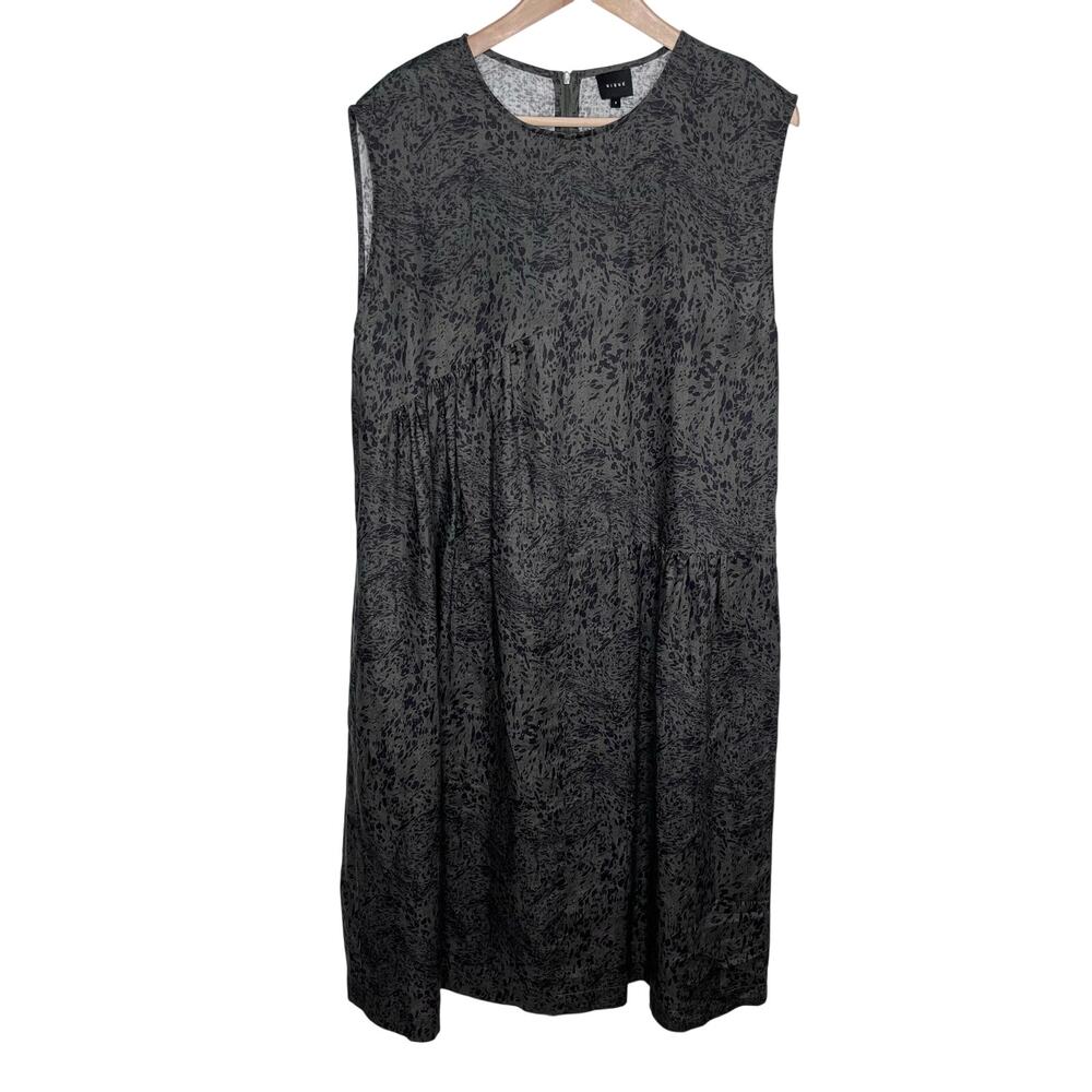 Nique 100% Linen Midi Dress Size 8 Green Black Abstract Sleeveless Lagenlook